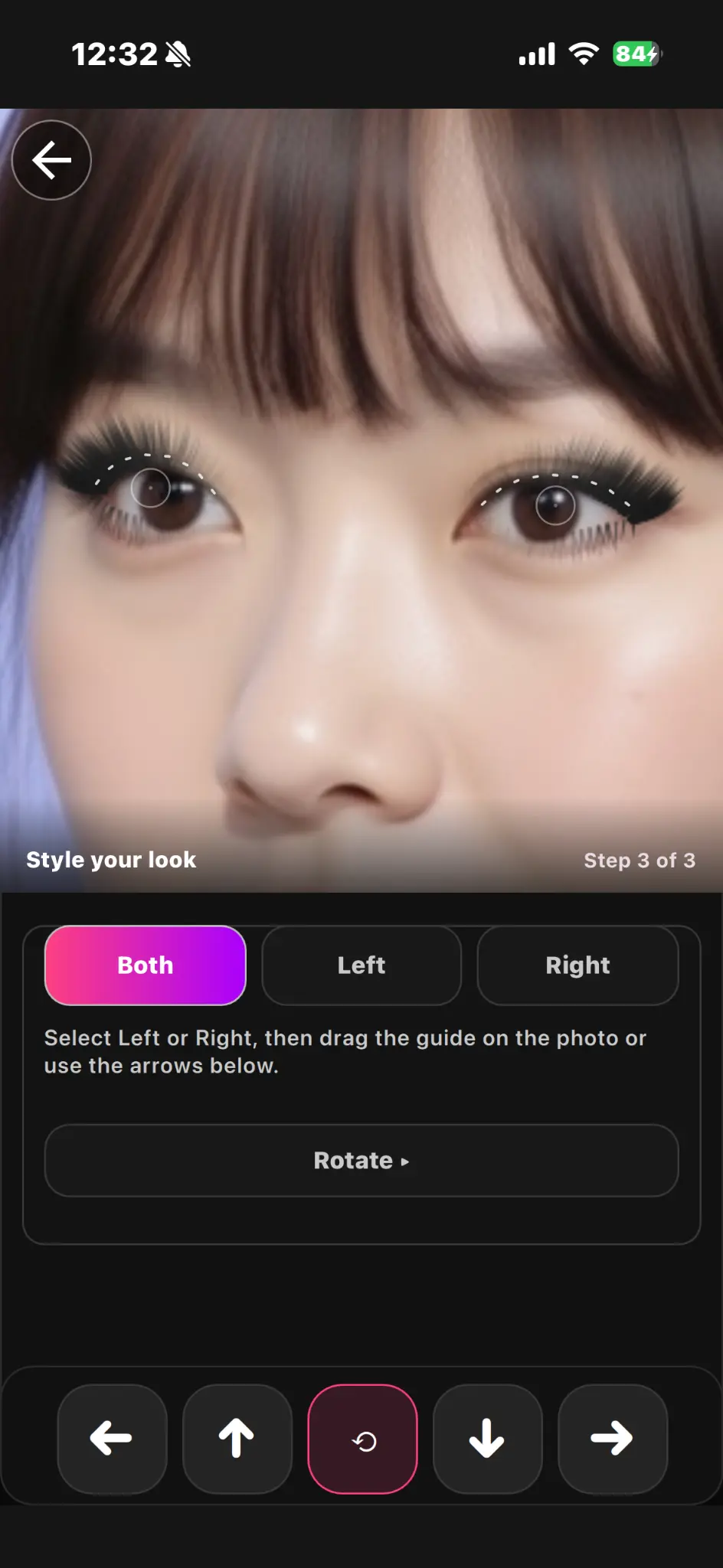 Adjusting the placement of both lashes in LashMuse