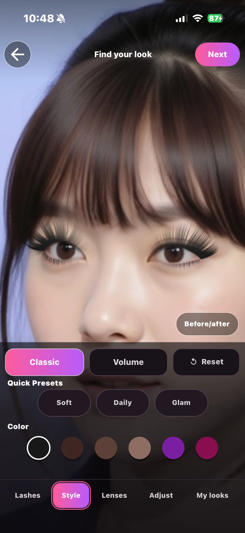 اختيار نوع الرموش والإعدادات السريعة واللون في أداة النمط في LashMuse