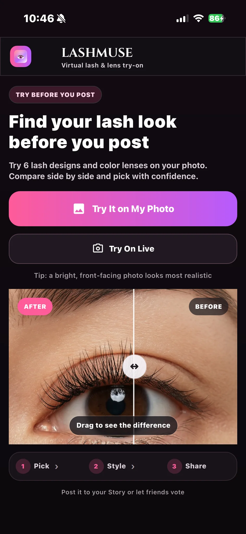 الشاشة الرئيسية في LashMuse مع خياري جرّبيها على صورتي وجرّبي مباشرةً