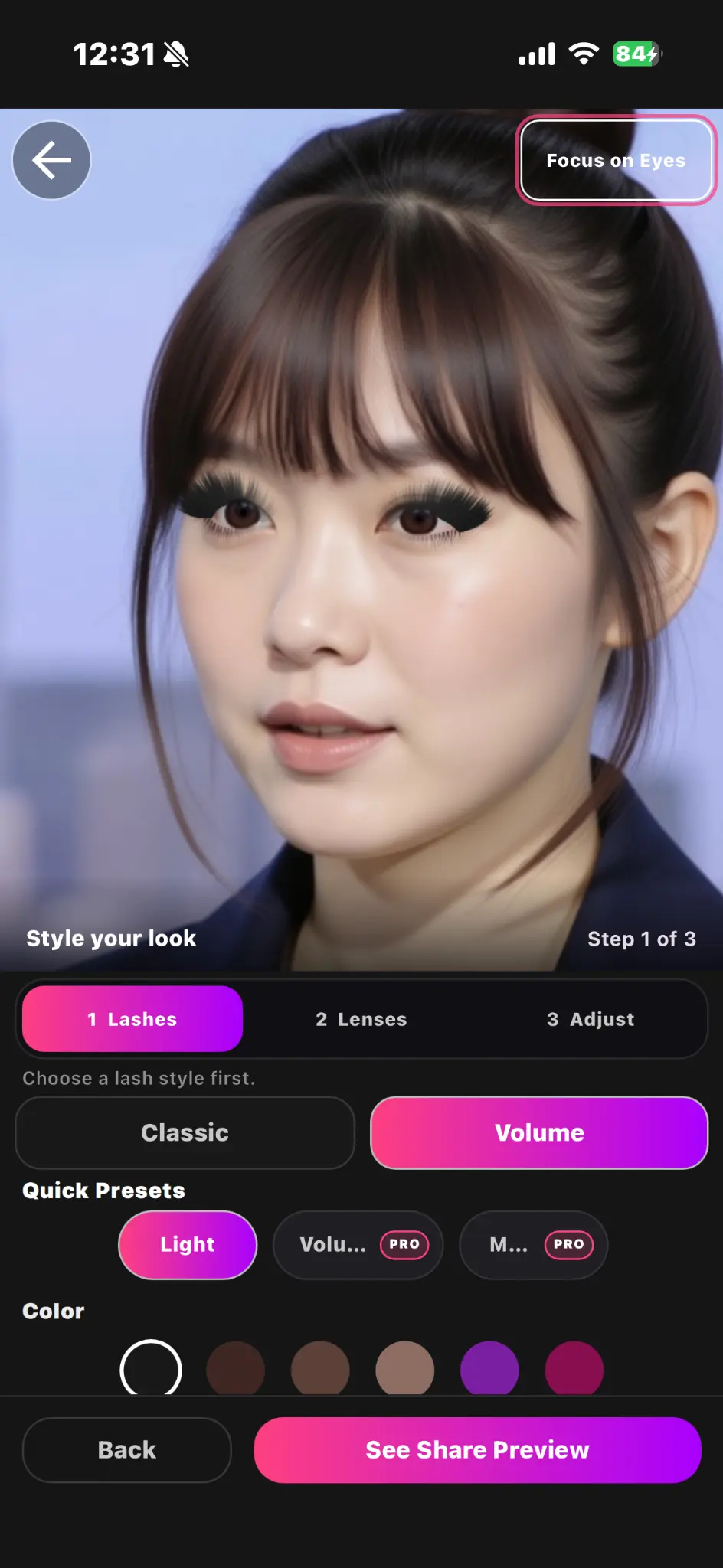 Choosing a photo and previewing a volume lash style in LashMuse