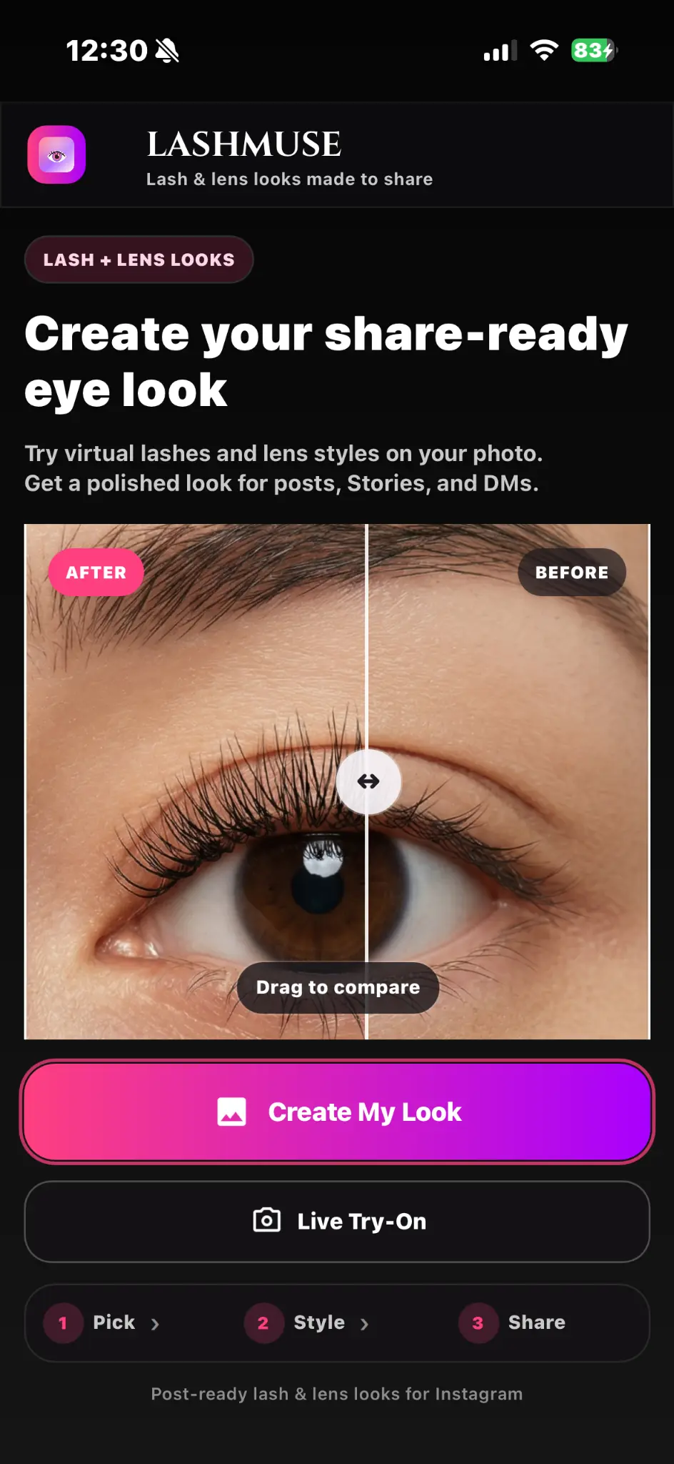 LashMuse home screen for creating lash and colored contact looks