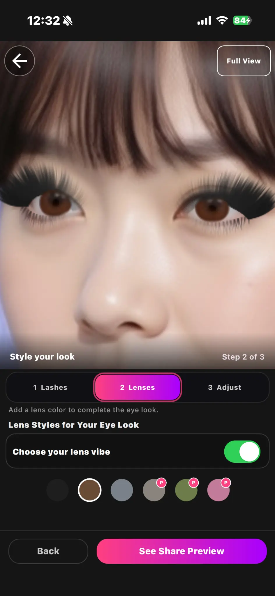 Choosing a colored contact lens style in LashMuse